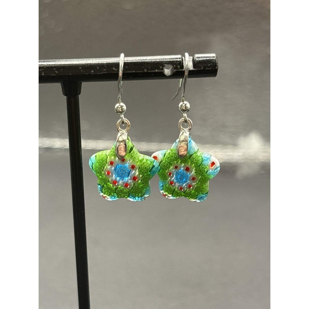 Sterling Silver Murano Glass Star Earrings Green Blue Millefiori Dangle G22